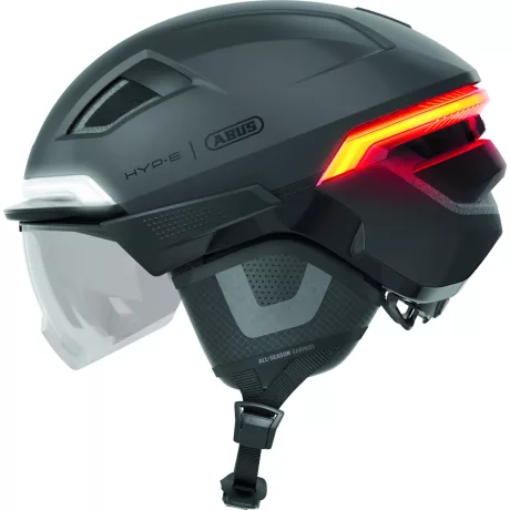 ABUS kerékpáros városi sisak HYP-E BL.ACE, In-Mold, beépített index funkcióval, féklámpával és átlátszó szemüveggel, volcano titan M (54-58 cm) sisakok
